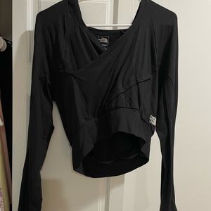 North Face Cropped Sweatshirt with Hood, Black, Crisscross design.